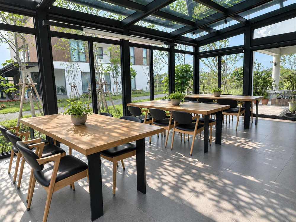 H 館咖啡廳玻璃屋的木質餐桌、座椅與戶外綠景